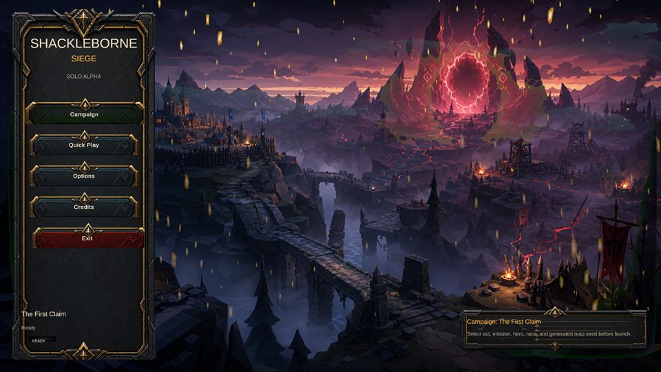 Work-in-progress Shackleborne campaign alpha menu with dark fantasy campaign artwork and menu buttons.