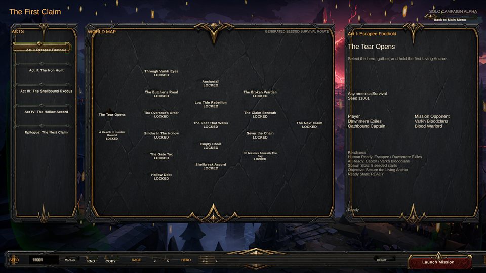 Work-in-progress campaign act map showing The First Claim route and mission selection.