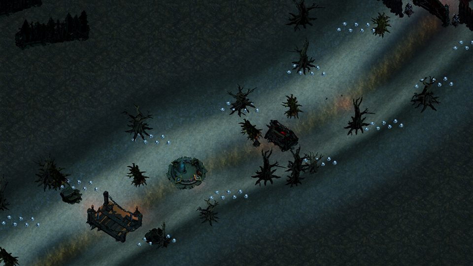 Work-in-progress top-down mission scene with terrain, routes, resources, and early RTS staging.